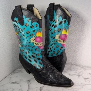 Rare Vintage Via Blue Via Hand Painted Leather Texas Cowgirl Boots Size 11M
